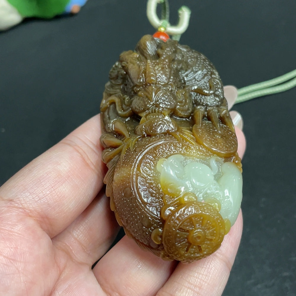 Huiliu Certified Hetian Jade Pendant featuring a detailed dragon design with an attached rope, crafted from high-quality jade.