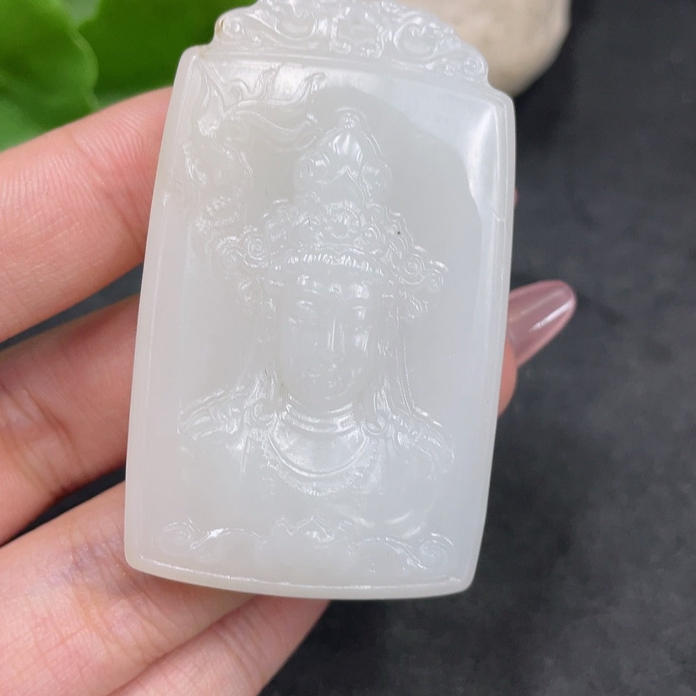 Huiliu Certified Hetian Jade Pendant featuring Guanyin figure, smooth polished surface, detailed carving, and elegant design.