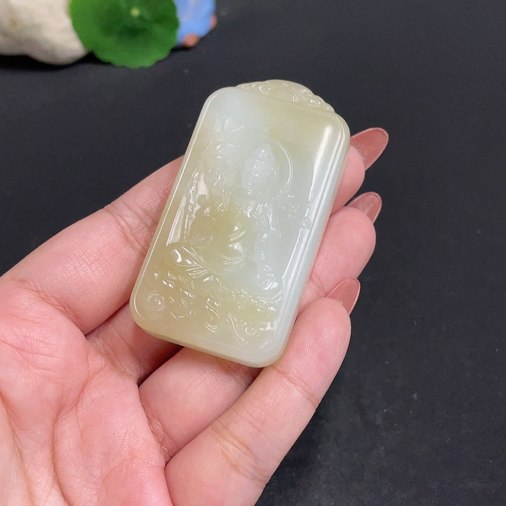 Huiliu Certified Hetian Jade Pendant featuring Guanyin figure, smooth polished jade with intricate carvings, traditional jewelry design.