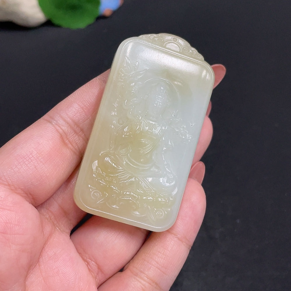 Huiliu Certified Hetian jade pendant featuring Guanyin figure, smooth polished jade with intricate carved details.