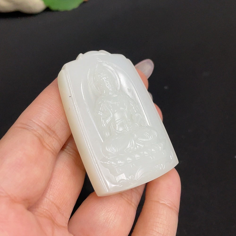Hetian Jade Pendant featuring Guanyin figure, weighing about 41g, crafted by HUILIU HQ with intricate jade details