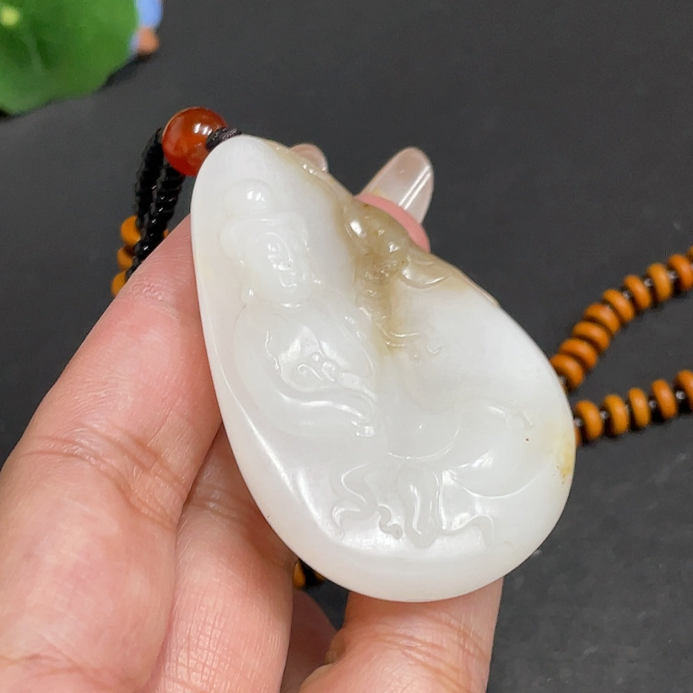 Huiliu certified Hetian Jade Pendant featuring Guanyin figure with matching beads and chain, natural skin color, jade jewelry.