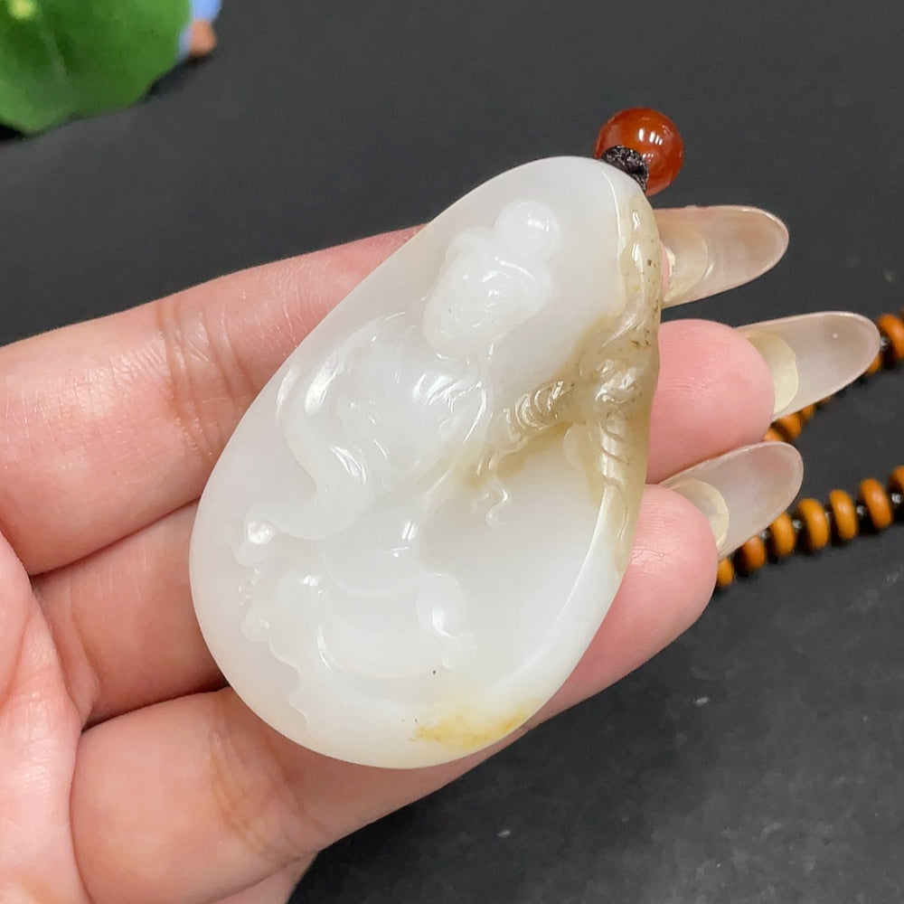 Huiliu Hetian Jade Guanyin pendant with matching beads, undetermined skin tone, includes chain, certified HUILIU HQ jade jewelry.
