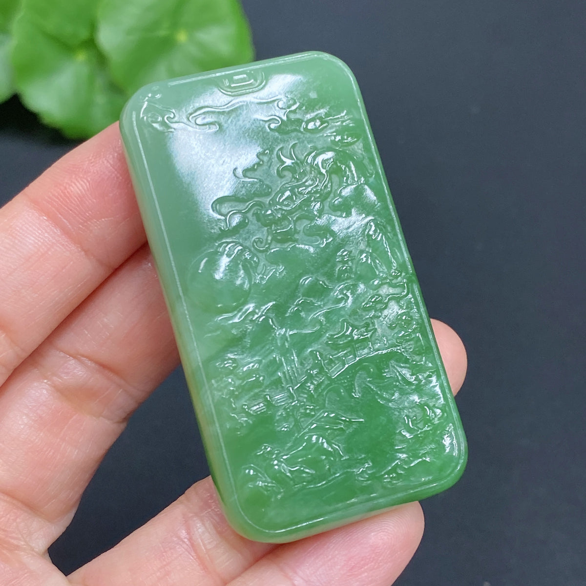 Hetian jade pendant landscape plaque by HUILIU HQ, carved from jade, weighing approximately 43.7 grams, natural stone with intricate design.
