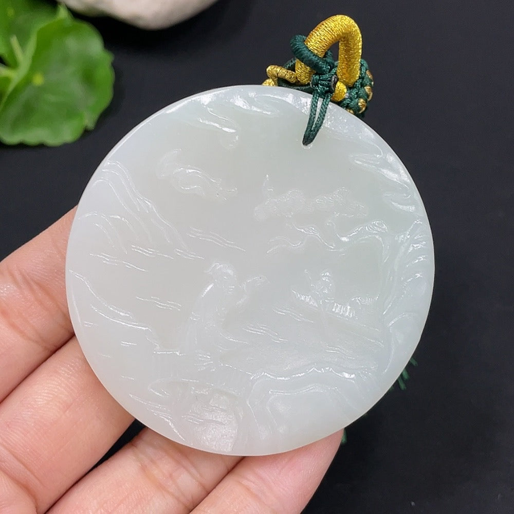 Huiliu Certified Hetian Jade pendant with landscape plaque design on rope, featuring intricate jade craftsmanship.