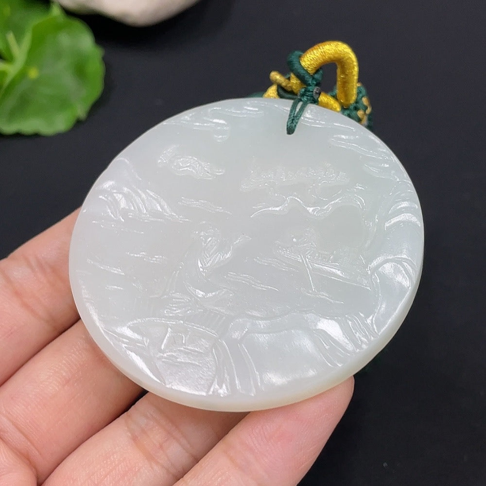 Huiliu certified Hetian jade pendant landscape plaque with rope, showcasing intricate jade carving and natural green tones.