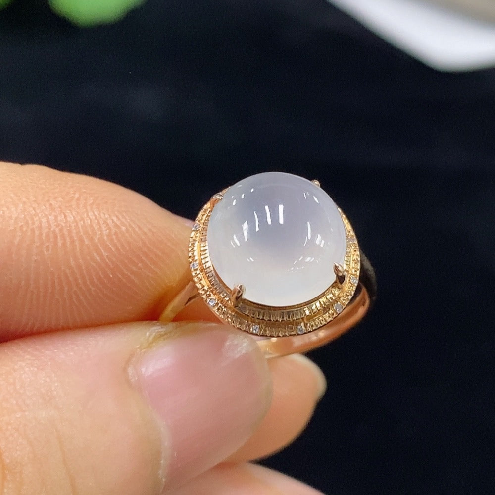 HUILIU HQ jadeite and diamond ring in 18K gold, size 13, featuring a polished jadeite gemstone with diamond accents.