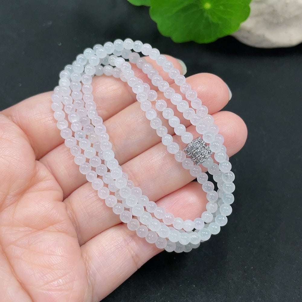 HUILIU HQ jadeite beaded necklace with 3.4mm beads, weighing approximately 14.36g, featuring smooth, polished green jade beads.