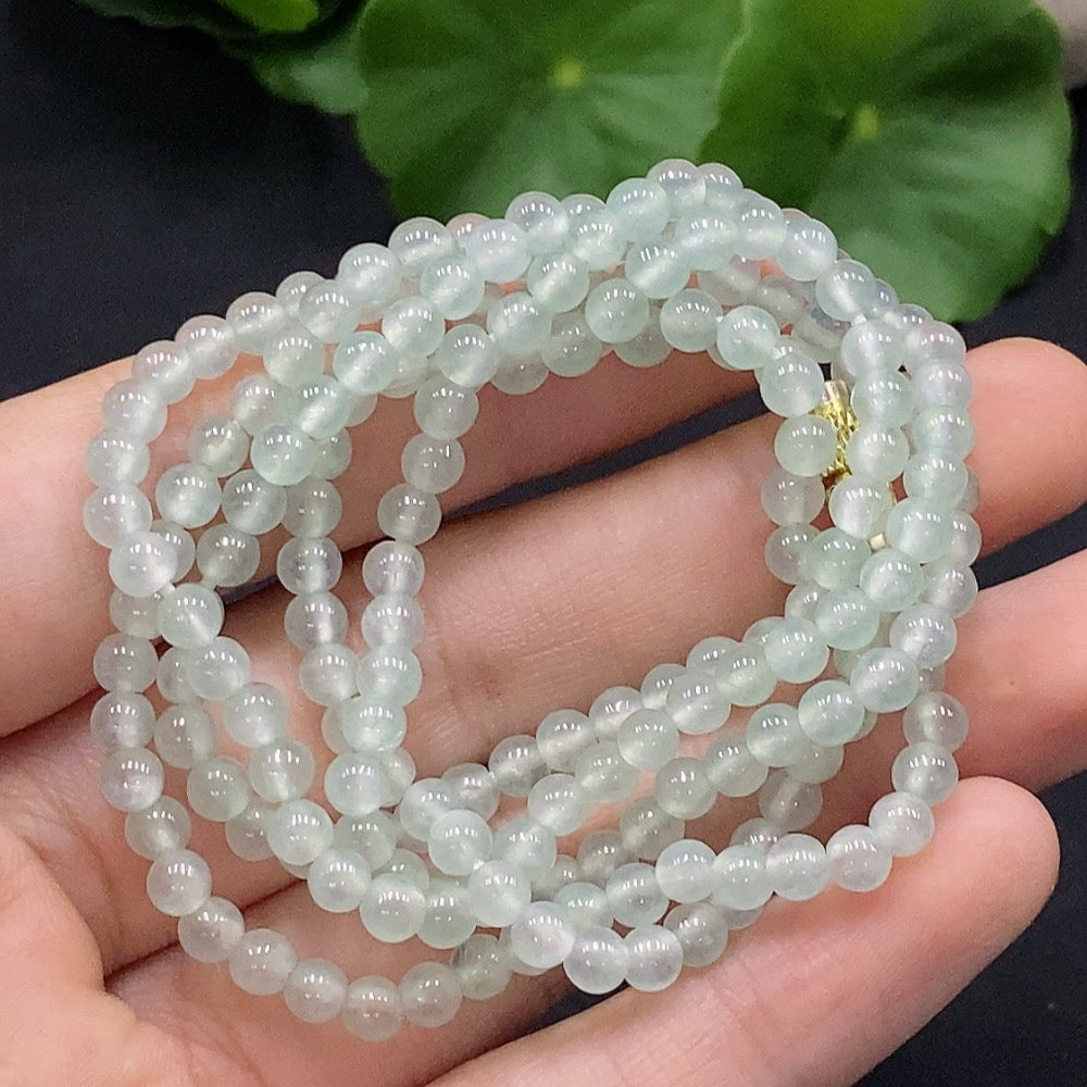 HUILIU HQ jadeite beaded necklace with 3.9mm beads, non-gold inlaid, weighing approximately 19.23g, shown on a plain background.
