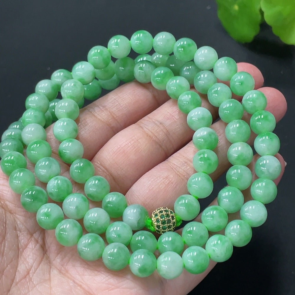 HUILIU HQ jadeite beaded necklace with 7.9mm beads, non-gold matching beads, total weight 69.88g, natural green jade jewelry.