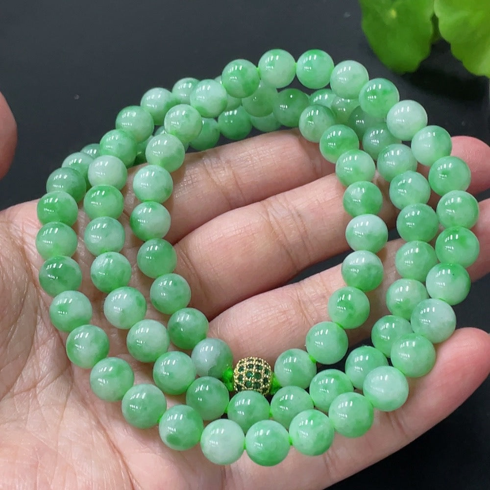 HUILIU HQ jadeite beaded necklace with 7.9mm beads, approx. 69.88g, featuring non-gold matching beads, on a plain background.