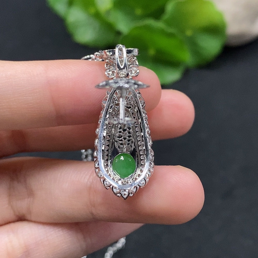 HUILIU HQ Jadeite Blessing Bean Necklace with 18K gold and diamond accents, shown with chain, weighing approximately 15.87g
