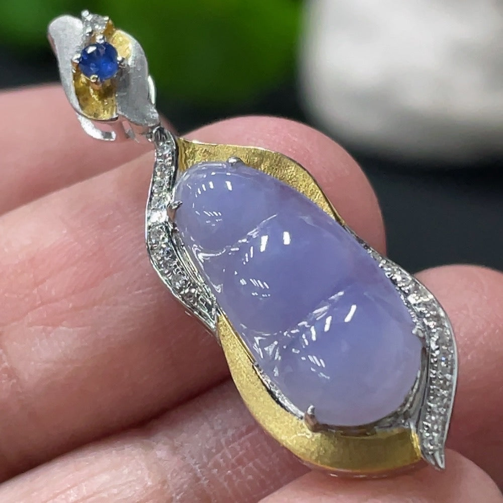 Jadeite Blessing Bean Pendant by HUILIU HQ featuring 18K gold setting and diamond accents, lightweight and elegant jewelry piece.
