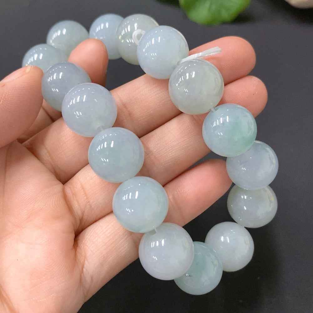 HUILIU HQ jadeite bracelet with 13.3mm beads, smooth green jade, total weight 66.244g, natural polished finish.