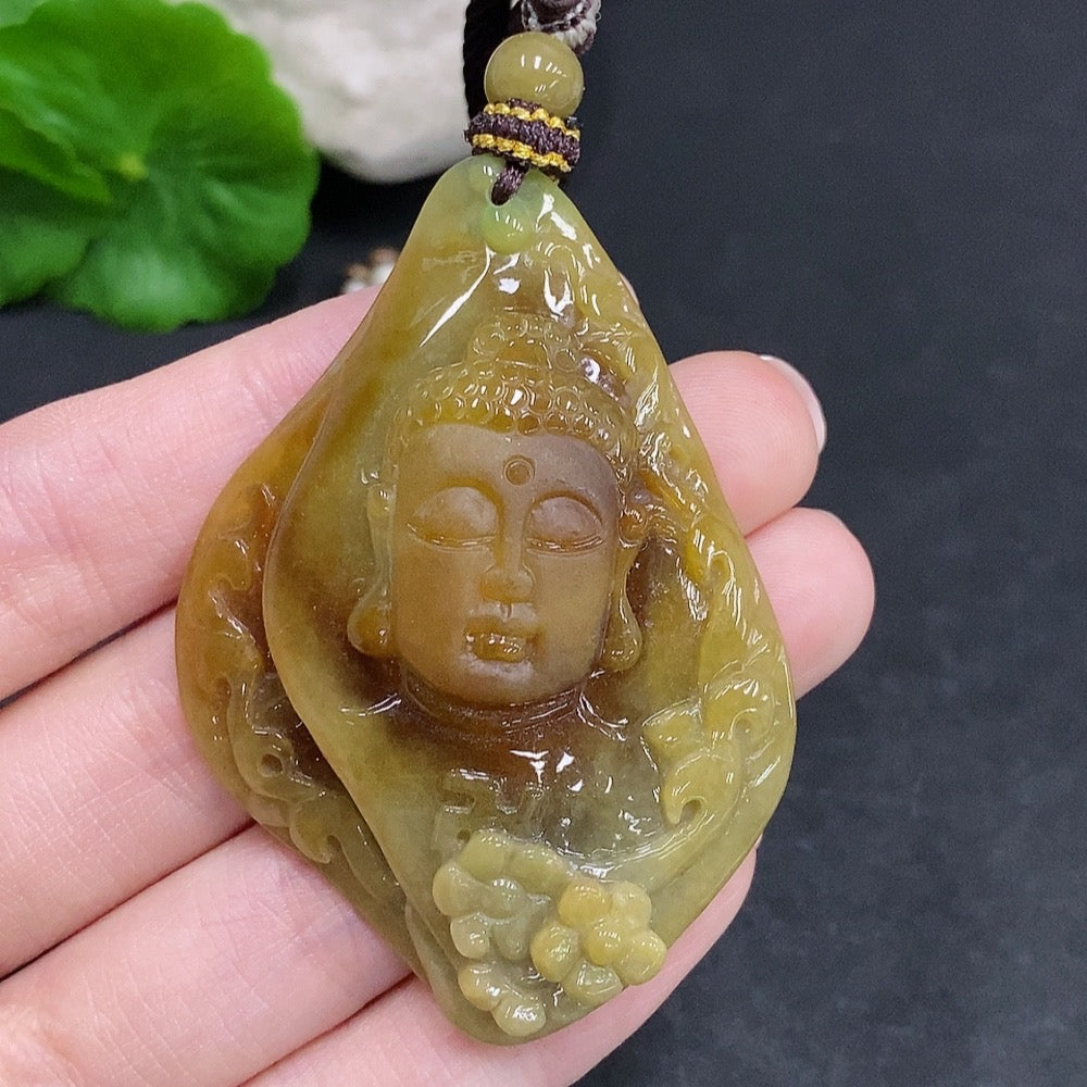 Jadeite Buddha flower pendant necklace by HUILIU HQ featuring a detailed Buddha and flower design in green jade.