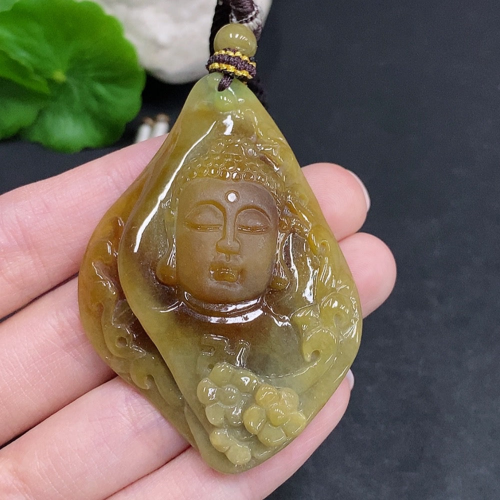 Jadeite Buddha flower pendant from HUILIU HQ featuring a carved jade Buddha and floral design in polished jade stone.