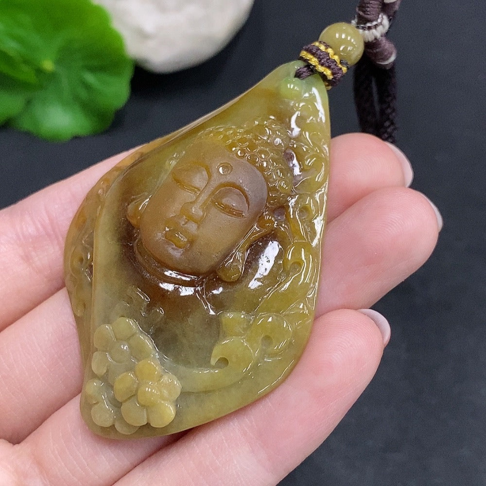 Jadeite Buddha flower pendant from HUILIU HQ, featuring a detailed carved Buddha figure on a smooth jade pendant.