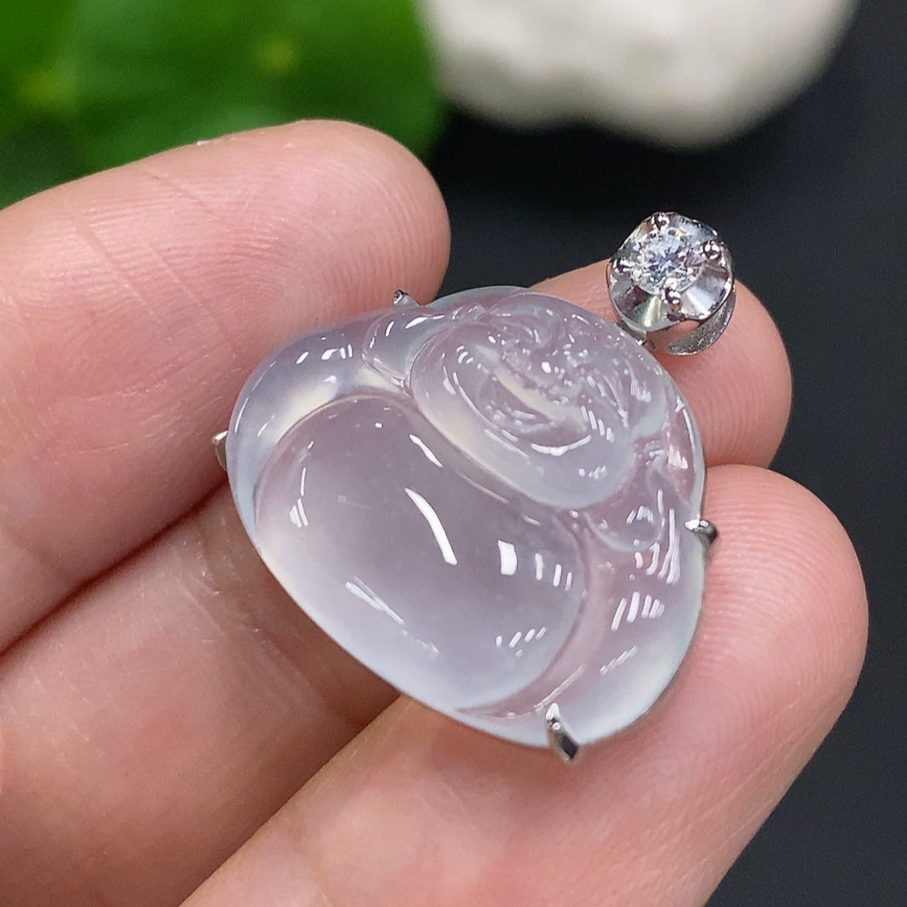 Jadeite Buddha inlaid pendant with 18K gold setting, crafted by HUILIU HQ, showcasing intricate design and smooth jade surface.