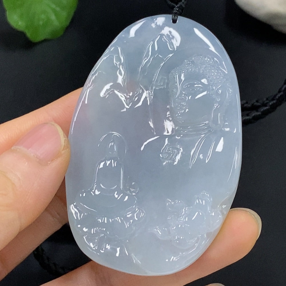 Jadeite Buddha observing the world pendant by HUILIU HQ, featuring a carved jade Buddha figure on a smooth jade pendant.