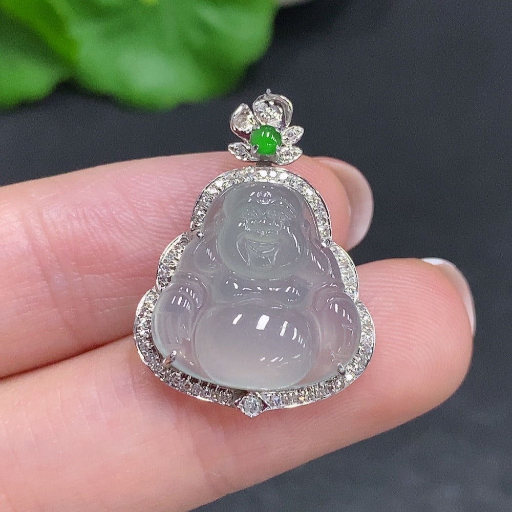 Jadeite Buddha pendant with diamond accents, 18k gold, by HUILIU HQ, weighing approx. 2.8g, featuring intricate jade craftsmanship.
