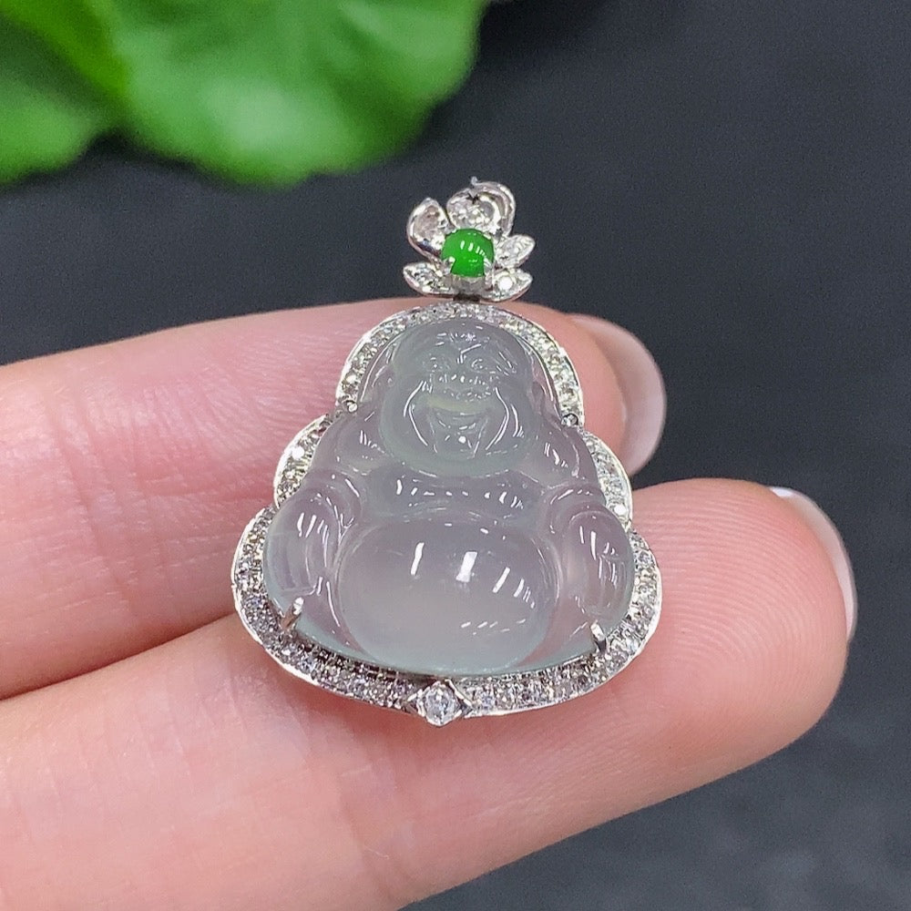 Jadeite Buddha pendant with 18k gold and diamond accents, HUILIU HQ, showcasing intricate craftsmanship and elegant design.