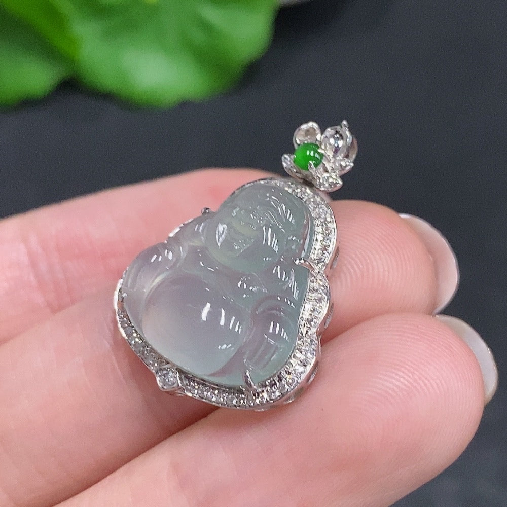 HUILIU HQ Jadeite Buddha pendant in 18k gold with diamond accents, showcasing intricate craftsmanship and a serene Buddha figure.