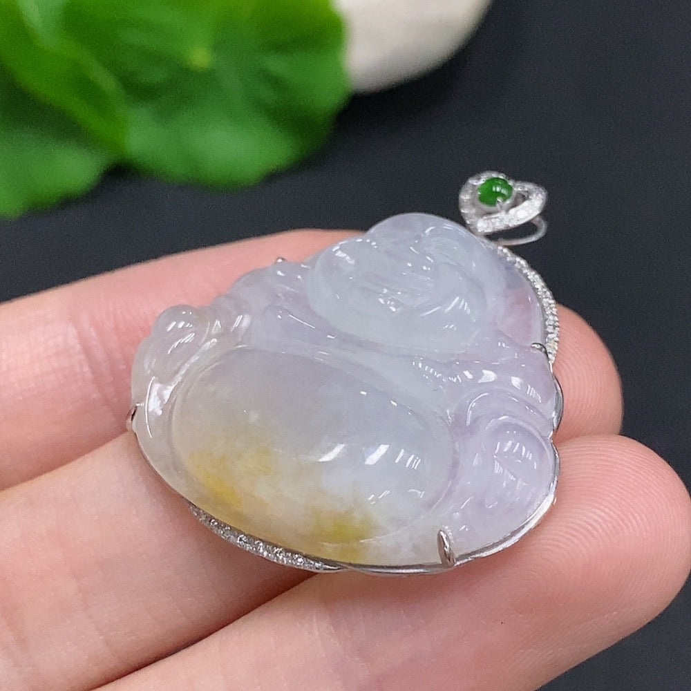 Huiliu HQ Jadeite Buddha pendant, natural green jade with detailed carving, non-diamond, Huiliu certified jewelry.