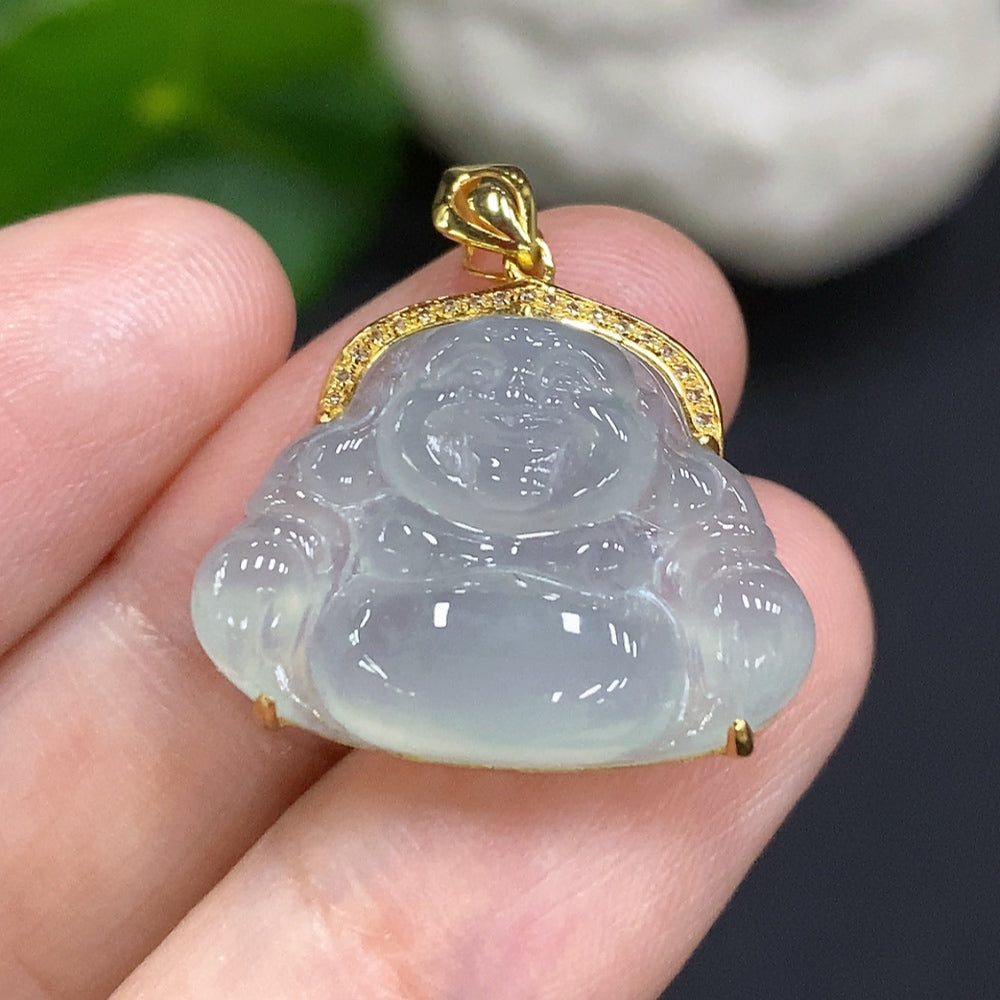 Jadeite Buddha pendant set in 18K gold with diamond accents, featuring a jade Buddha figure and matching jewelry, by HUILIU HQ.