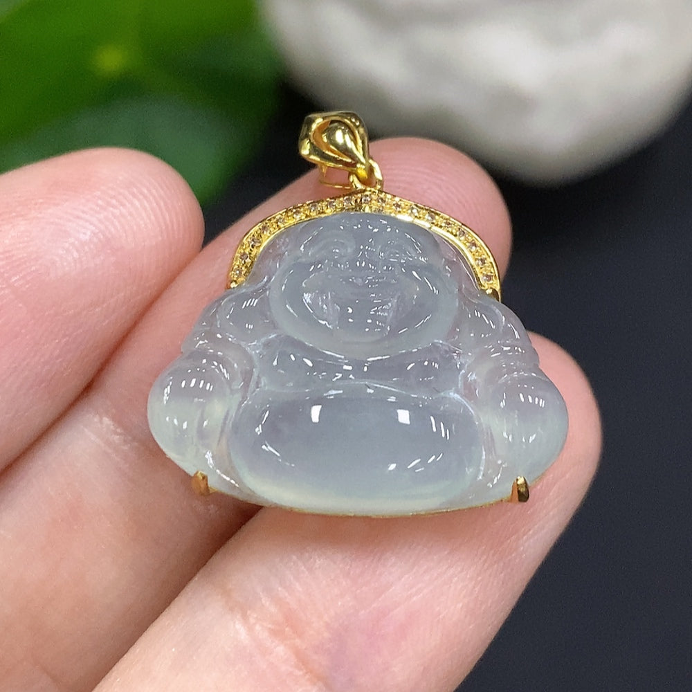Jadeite Buddha pendant set in 18K gold with diamond accents, featuring a detailed jade Buddha figure and elegant jewelry design.