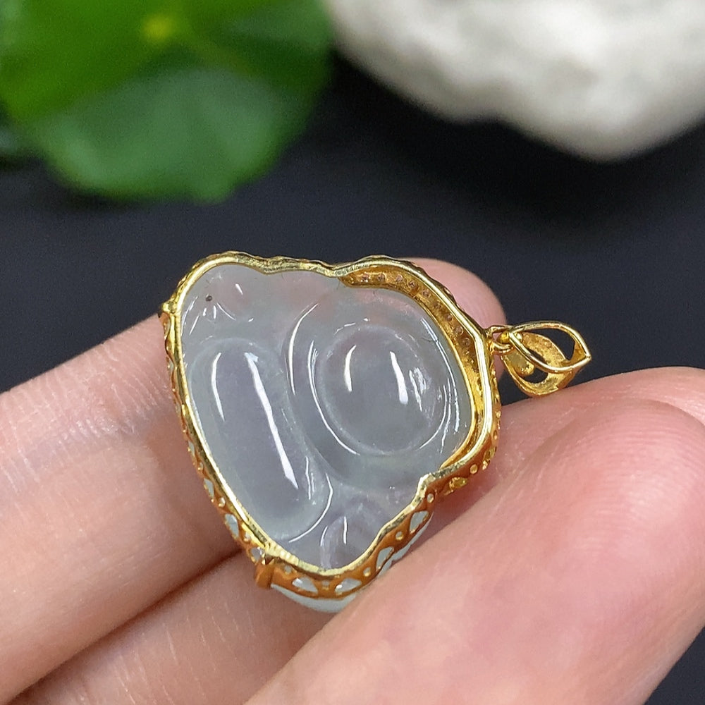 Jadeite Buddha pendant set in 18K gold with diamond accents, featuring a detailed jade Buddha figure and elegant jewelry design.