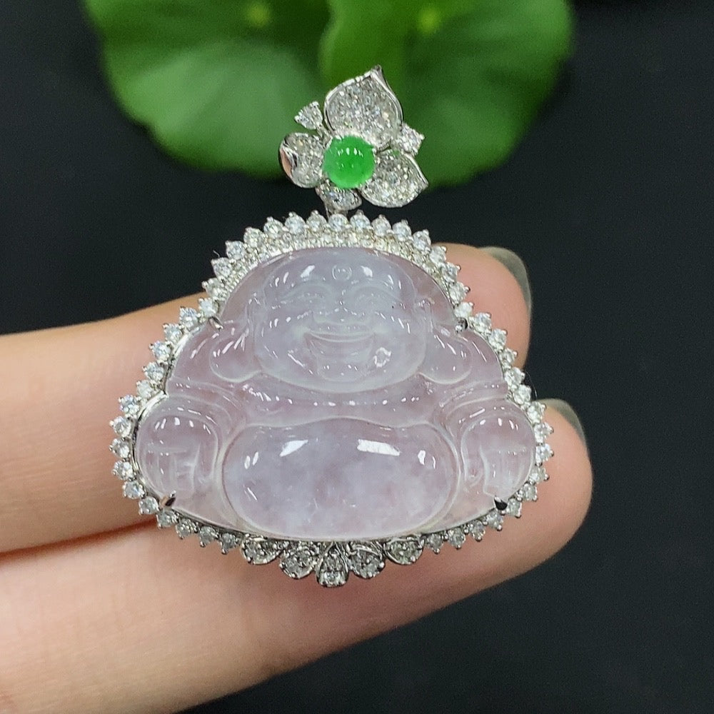 Jadeite Buddha pendant set in 18K gold with diamond accents, featuring a carved jade Buddha figure and matching gold chain.