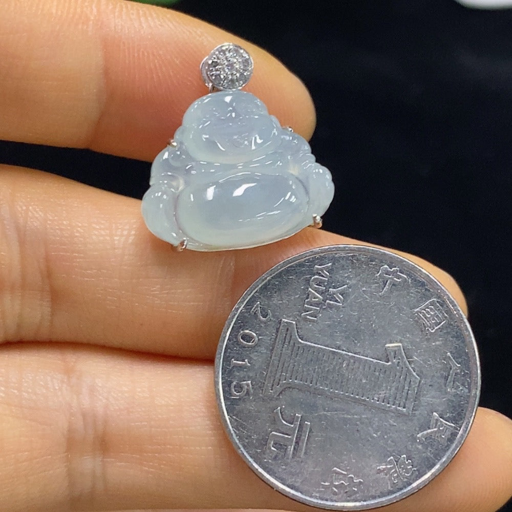 Huiliu HQ jadeite Buddha pendant set with diamond accents, featuring a detailed jade Buddha figure on a delicate chain.