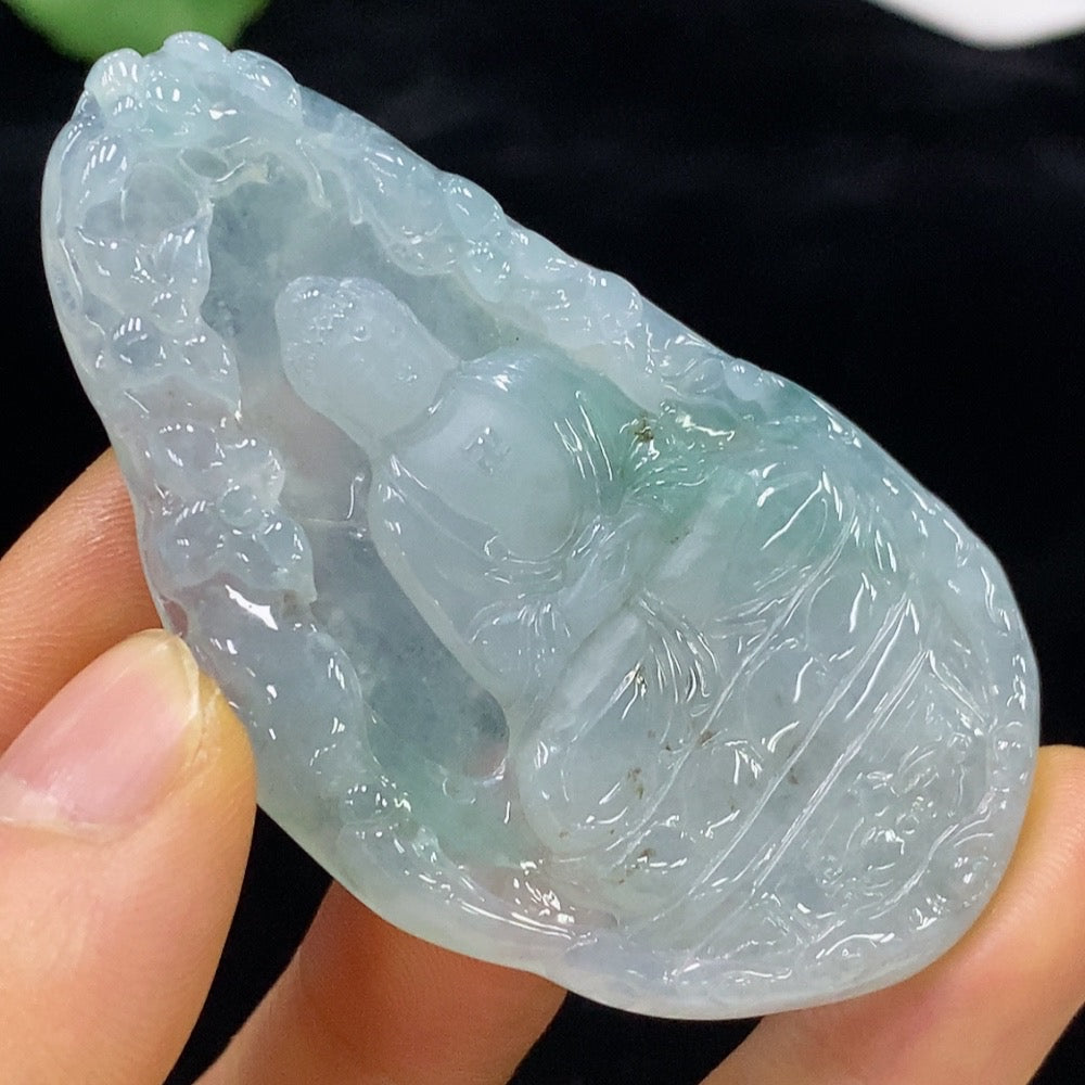 Jadeite Buddha pendant from HUILIU HQ, handcrafted jade jewelry, weighing approximately 30.19g, featuring detailed Buddha design.