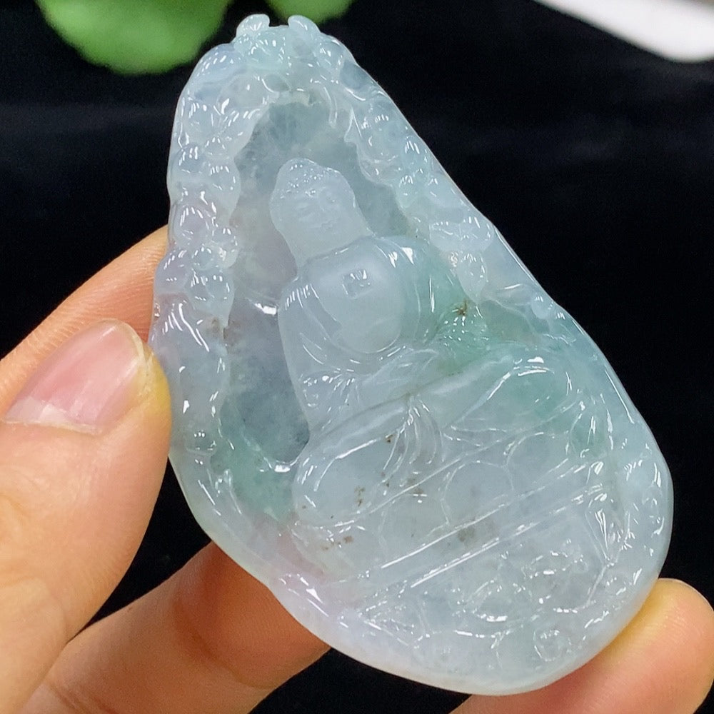 Jadeite Buddha pendant from HUILIU HQ, carved from green jade, weighing approximately 30.19g, with intricate Buddha design.
