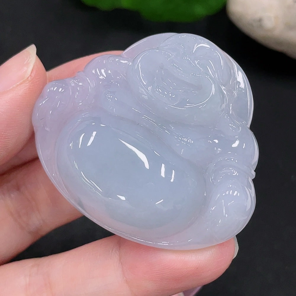 HUILIU HQ jadeite Buddha pendant weighing approximately 38.7g, featuring detailed craftsmanship and smooth jade surface.