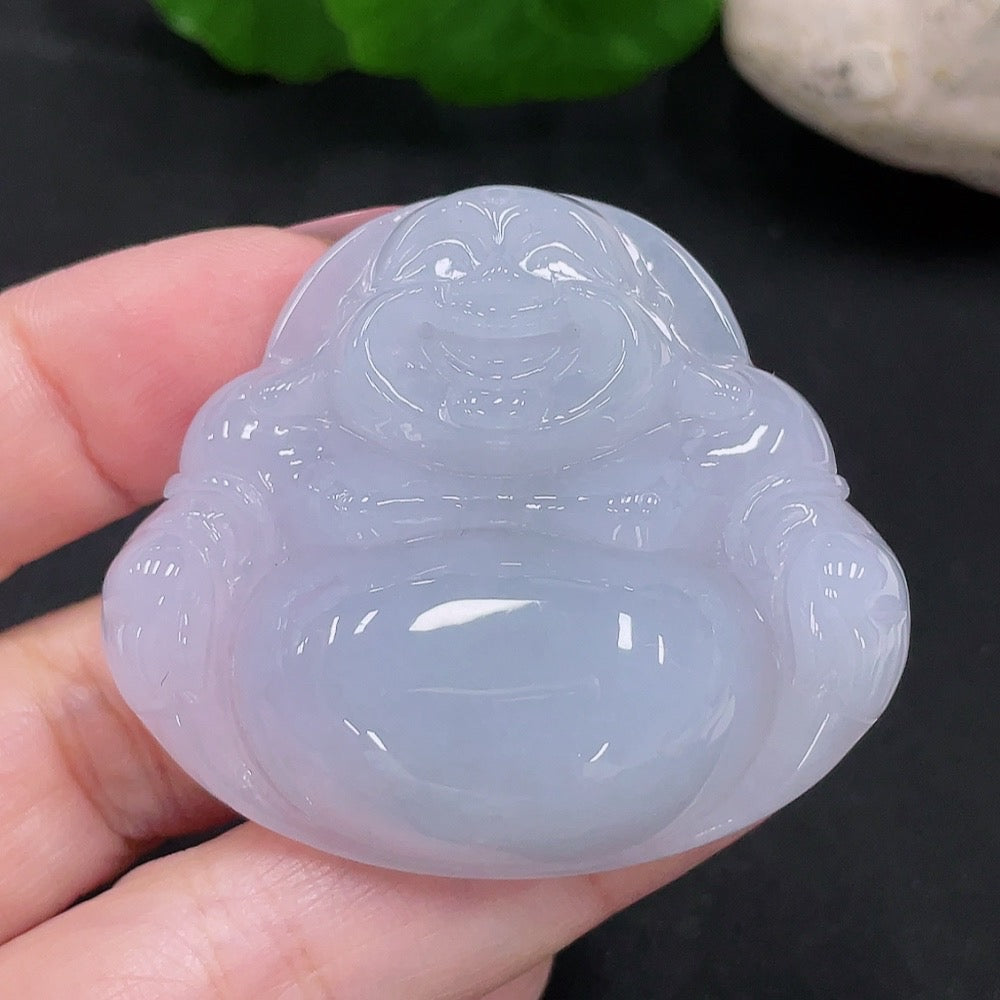 HUILIU HQ jadeite Buddha pendant weighing approximately 38.7g, featuring detailed carving on smooth jade surface.