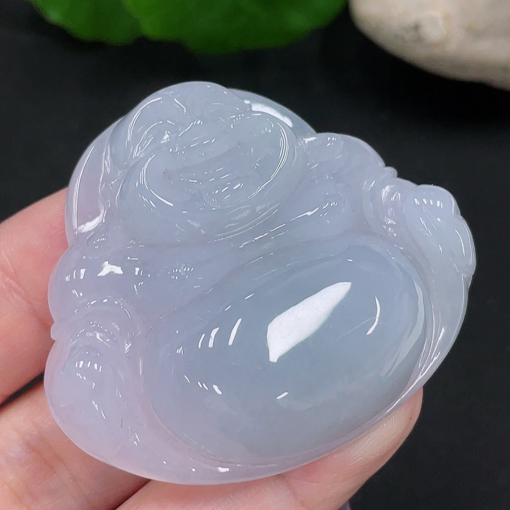 HUILIU HQ Jadeite Buddha pendant, intricately carved, weighing approximately 38.7g, showcasing smooth jade surface and detailed design.