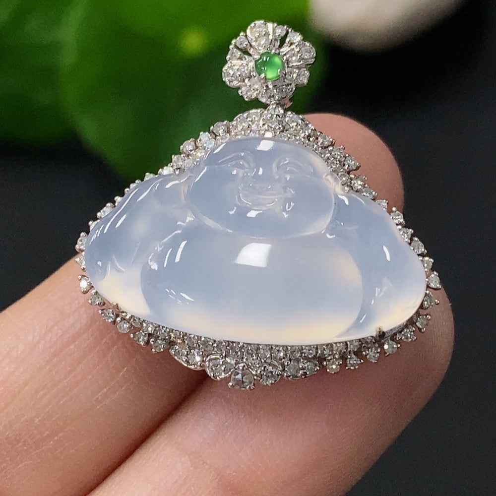 Jadeite Buddha pendant with 18k gold setting, handcrafted jewelry piece, showcasing detailed Buddha figure on smooth jade surface.