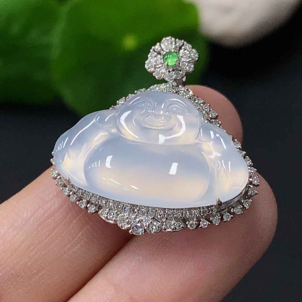 Jadeite Buddha pendant with 18k gold setting, showing the detailed carved jade Buddha on a white background.