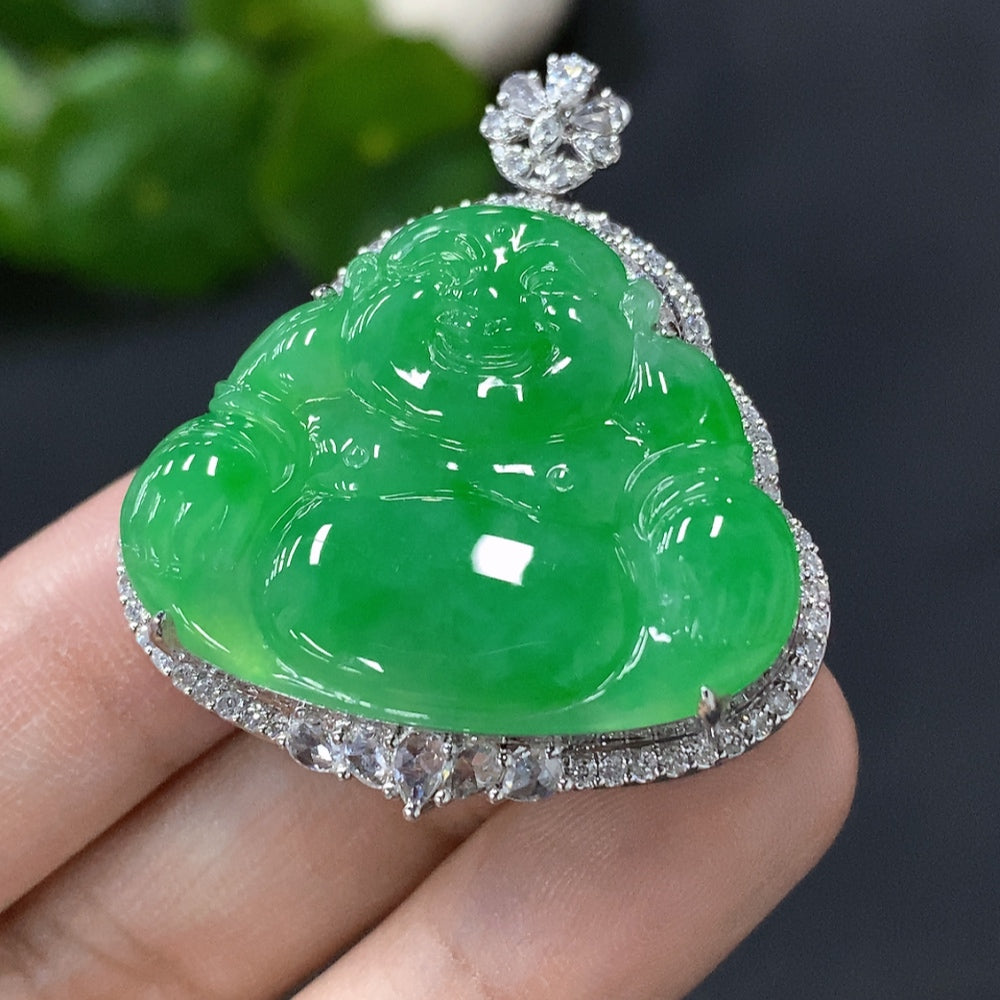 Jadeite Buddha pendant with 18k gold setting, crafted by HUILIU HQ, weighing approximately 13.9g, showcasing intricate design and smooth jade surface.