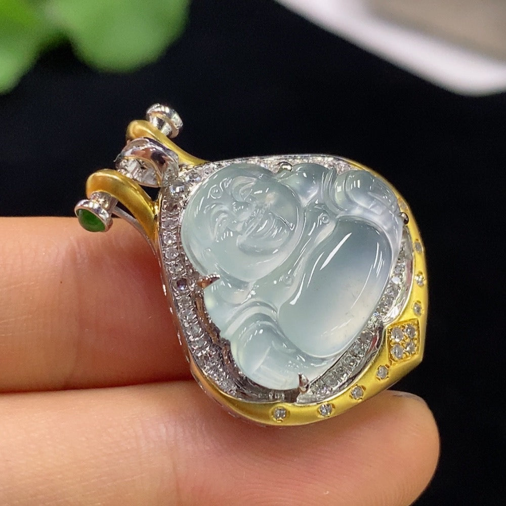 Huiliu HQ jadeite Buddha pendant with diamond accents, detailed carved jade religious jewelry, approximately, certified by Huiliu.