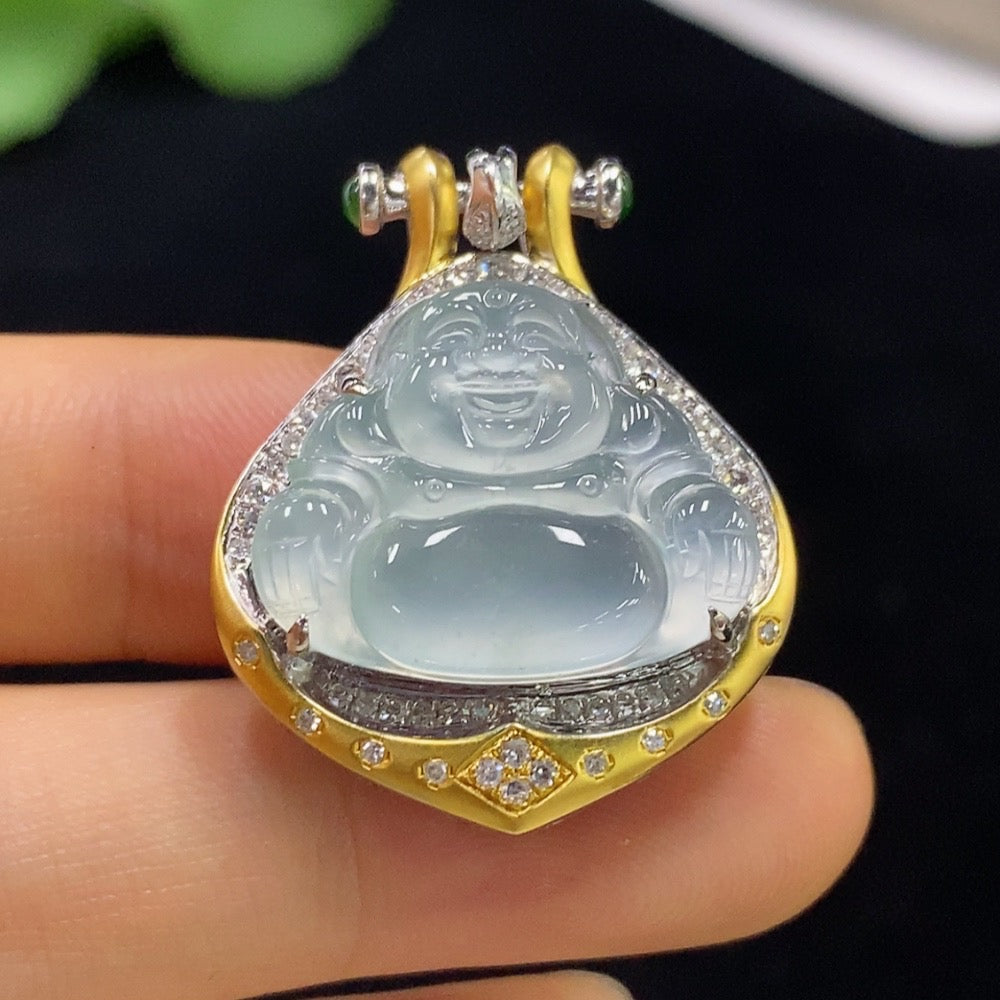 Huiliu HQ jadeite Buddha pendant with diamond accents, featuring detailed craftsmanship and a polished surface.