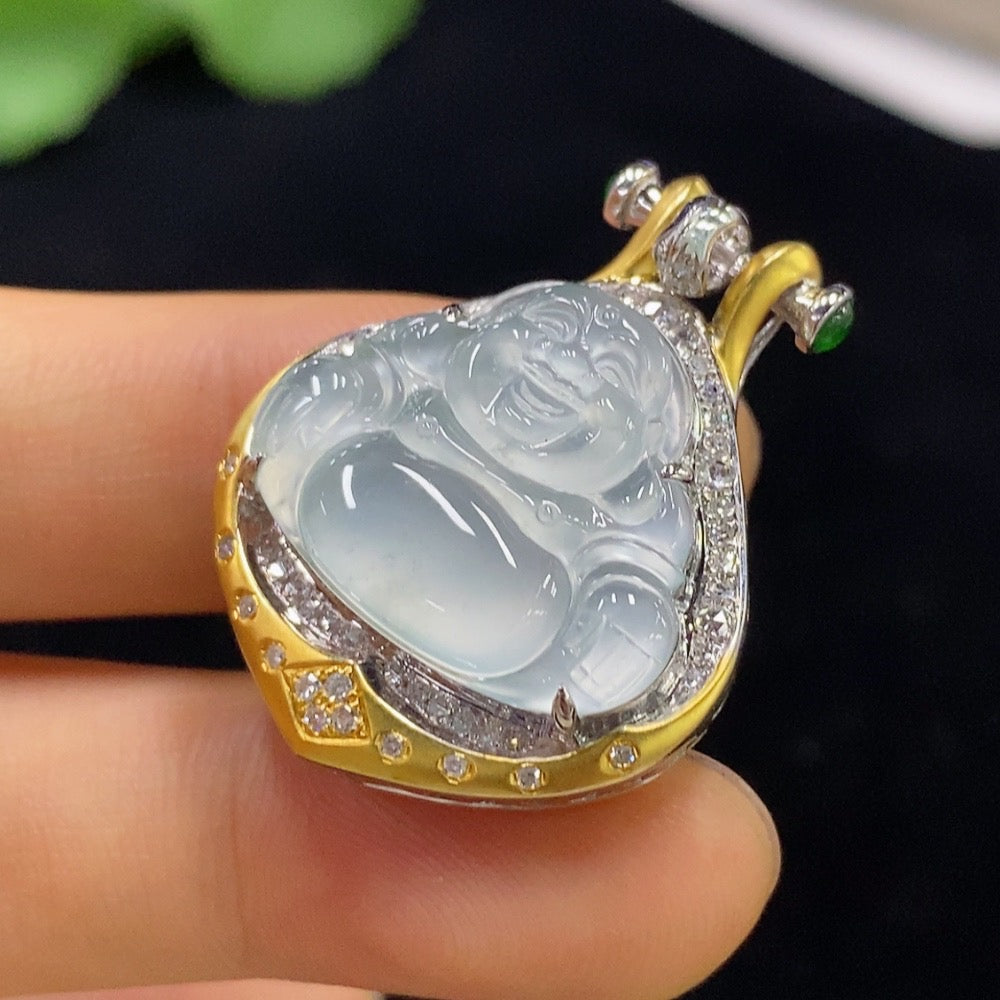 Huiliu HQ jadeite Buddha pendant with diamond accents, featuring detailed craftsmanship and a polished jade finish.