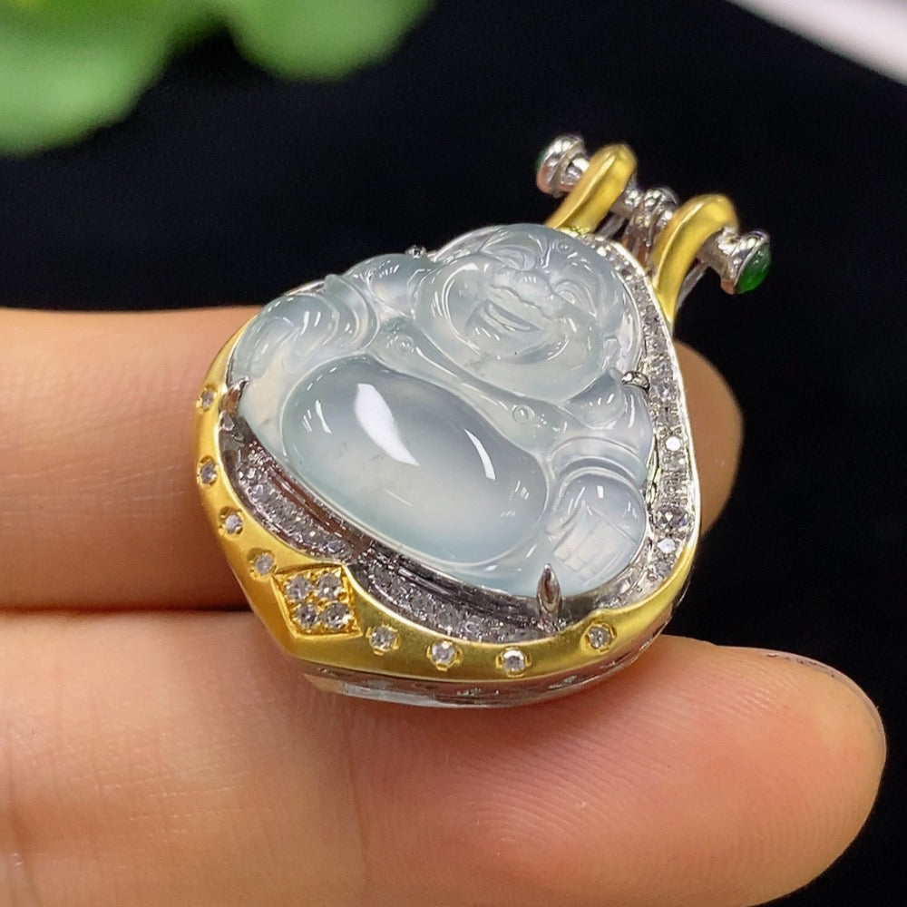 Huiliu Certified jadeite Buddha pendant with diamond accents, showcasing intricate craftsmanship and polished green jade appearance.