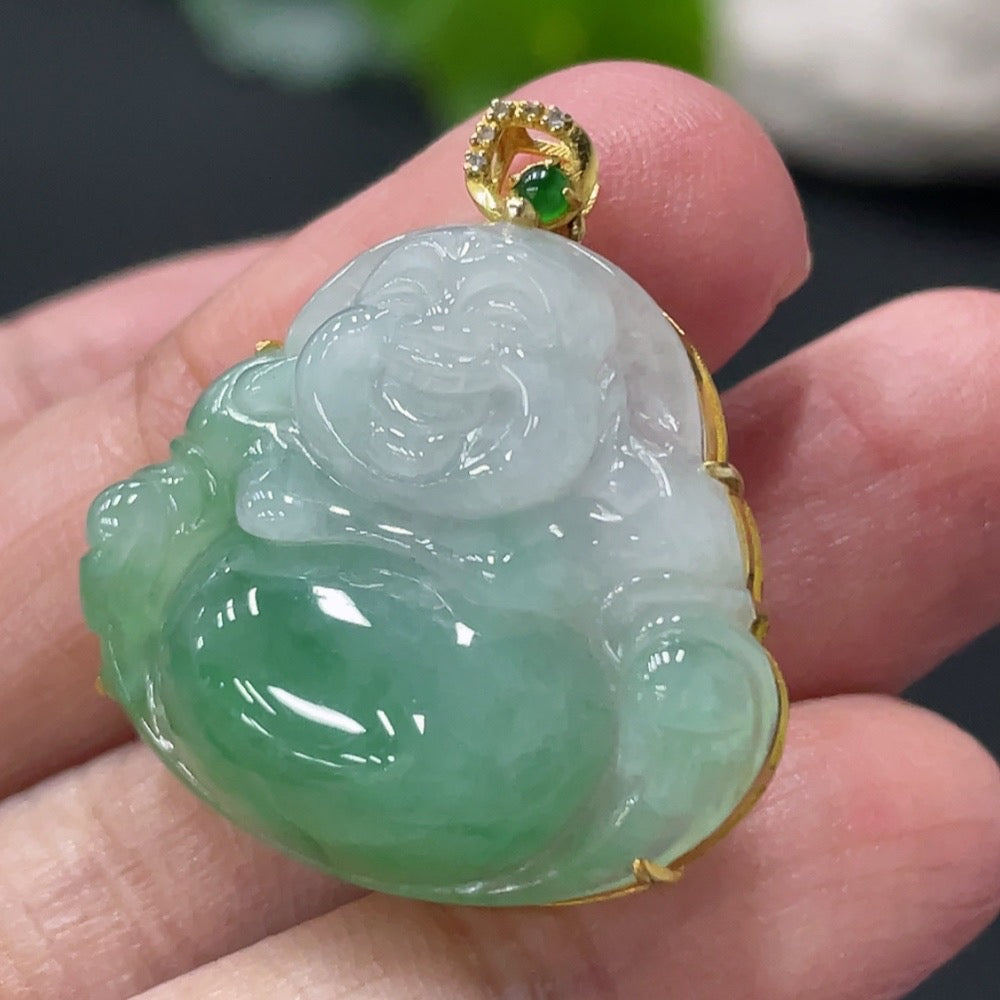 Huiliu HQ jadeite Buddha pendant with diamond accents, showcasing intricate carved jade design and sparkling gemstone details.