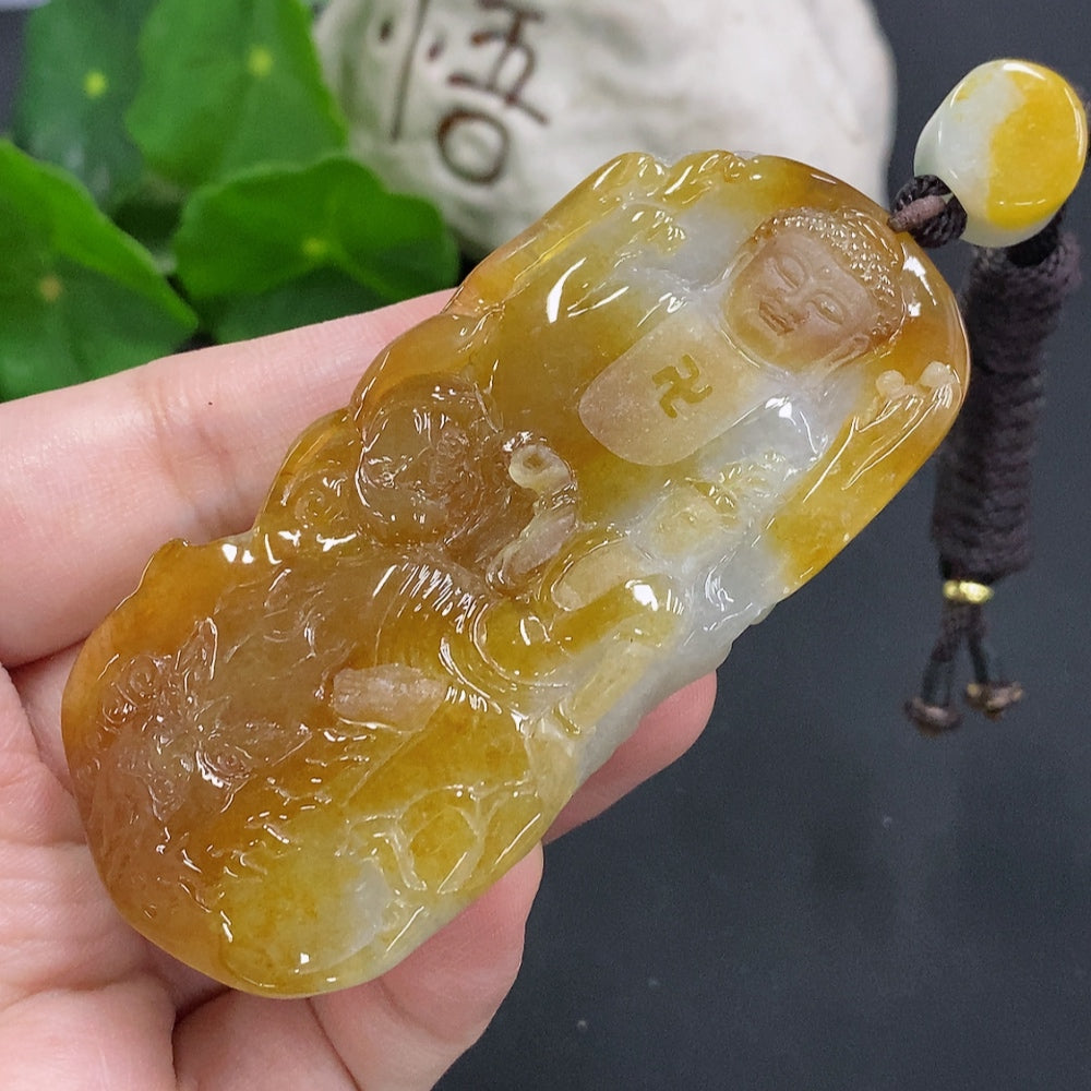 Huiliu certified jadeite Buddha pendant on cord, featuring a detailed carved Buddha figure in smooth green jade.