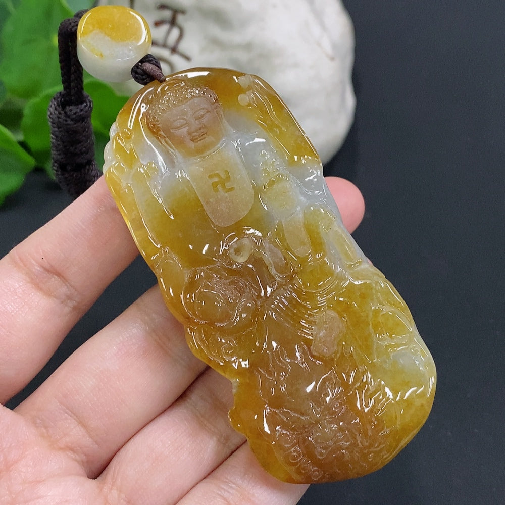 Huiliu Certified jadeite Buddha pendant with cord, featuring a carved Buddha figure on polished jade, natural and elegant design