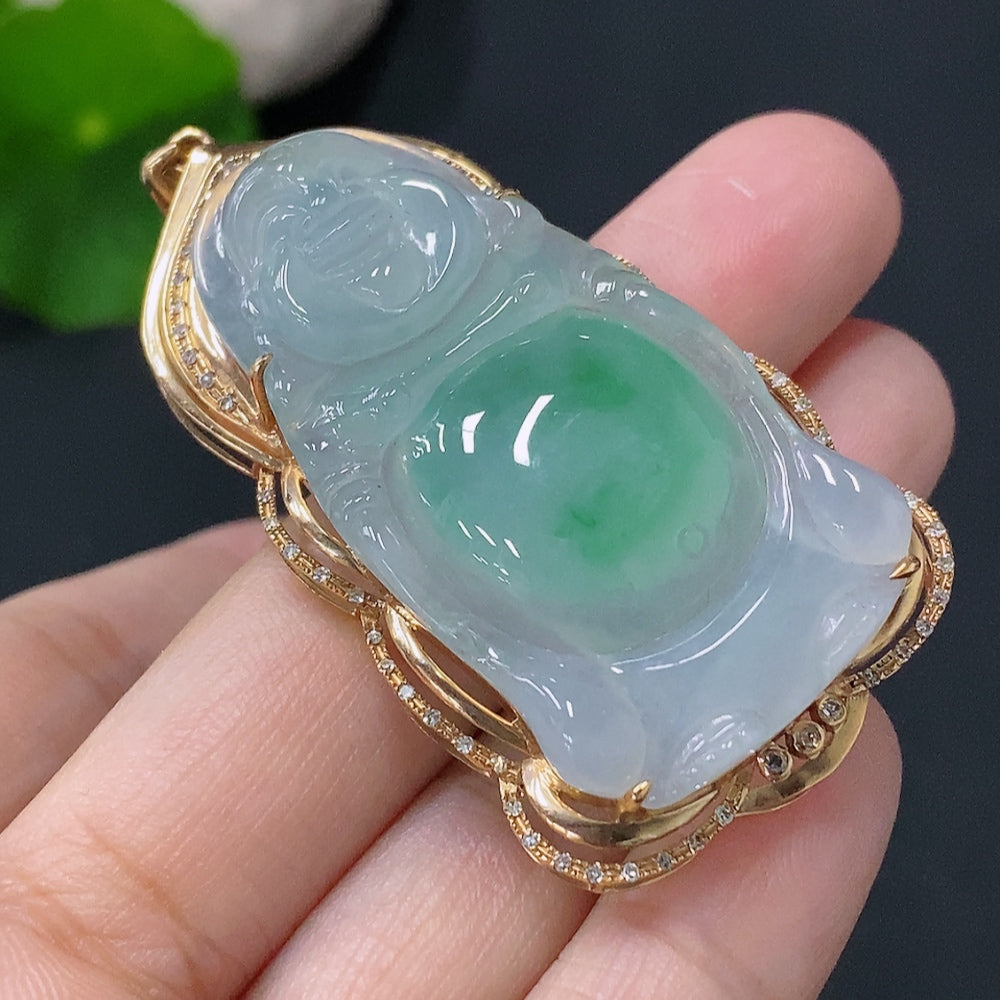 Huiliu certified jadeite Buddha pendant with diamond accents in a decorative setting, showcasing intricate craftsmanship and vibrant green jade.