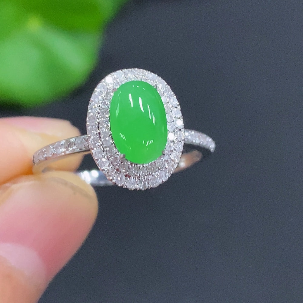 HUILIU HQ jadeite cabochon ring with diamond accents, 18K gold, size 15, featuring a polished jade stone and intricate inlay design.