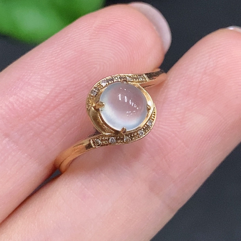 Jadeite cabochon ring by HUILIU HQ featuring 18k gold band, diamond accents, size 13, and a polished jade gemstone.
